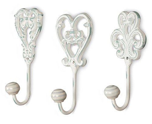 3tlg Set di Ganci Da Parete Bianco Grigio appendiabiti a gancio appendiabiti da parete appendiabiti gancio appendiabiti ferro Vintage Shabby Chic nostalgia antico ornamenti barocco biancogrigio Set da 3