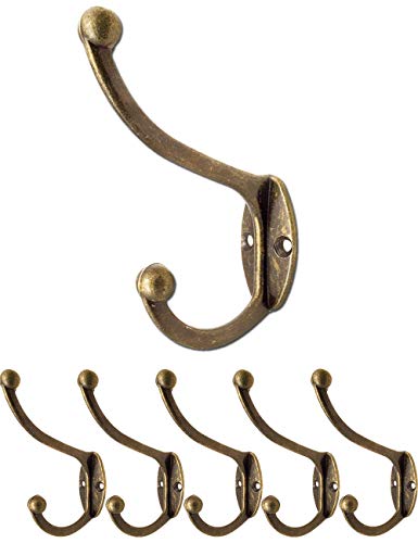 Fuxxer® Set di 5 ganci appendiabiti con effetto anticato, in ghisa di ferro, con effetto ottone o bronzo, in stile retrò, vintage e rustico, per giacche, asciugamani, vestiti, cappelli