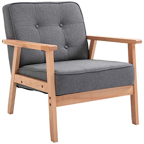 homcom Poltrona Vintage Stile Scandinavo Morbida e Ammortizzata Trapuntatura a Bottoni con Piping sui Bordi del Cuscino Legno di Faggio, Lino Grigio Max: 200 kg 64,5x70x70cm