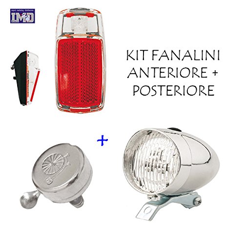 KIT Fanale Luce Anteriore + Fanale Posteriore a LED + CAMPANELLO ideale bicicletta Olanda – R – Graziella – Vintage – City Bike – Uomo / Donna – BATTERIE INCLUSE