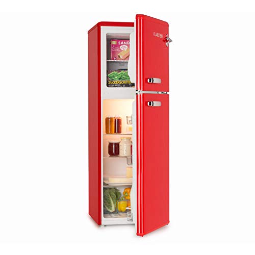 KLARSTEIN Audrey – Frigo e Congelatore Combinati, Freezer 39 Litri, Frigorifero 97 Litri, 3 Ripiani Frigo, 2 Ripiani Freezer, Classe Energetica A+, 41 dB, Look in Stile Retrò, Rosso