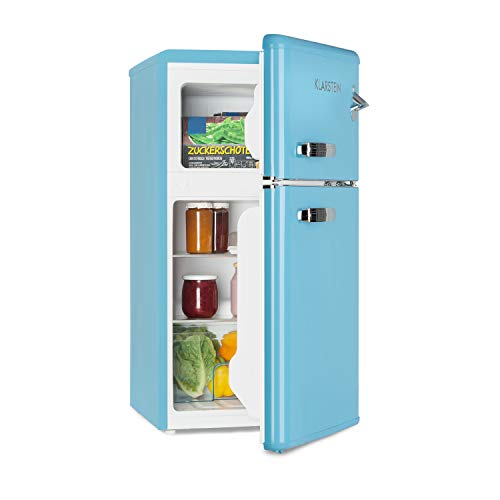 KLARSTEIN Irene – Frigorifero con Congelatore, Frigorifero Retrò, Freezer da 61 Litri, Congelatore da 24 Litri, Rumorosità 40 dB, 2 Livelli di Raffreddamento, 2 Ripiani Porta, Blu