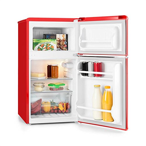 Klarstein Monroe Red – Frigorifero e congelatore, Aspetto Vintage, 61 l, congelatore da 24 l, 2 Ripiani, Scomparto vegetale, 2 Ripiani Porta, 5 Livelli, rumorosità Bassa: 40 Db, Rosso