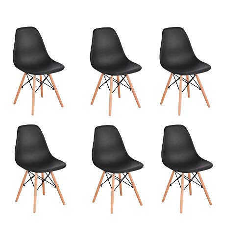 KunstDesign Set di 6 Sedie da Pranzo con Seduta in Polipropilene e Gambe in Legno Massello di Faggio, Design Ergonomico (Nero)