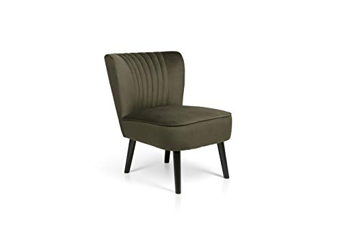 LIFA LIVING Poltrona vintage imbottita in velluto color verde oliva, sedia con piedi in legno nero per sala da pranzo, cucina, soggiorno, capacità fino a 100 kg