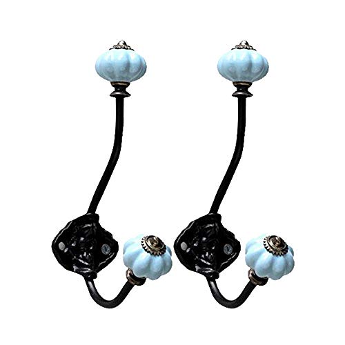 NIKKY HOME 2 PCS Appendiabiti da Parete con Ganci Attaccapanni a Muro per Vestito Asciugamano Cappello Vintage in Metallo e la Zucca in Ceramica Azzurro