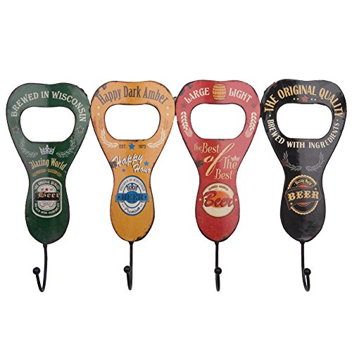 NIKKY HOME Appendiabiti da Parete con Ganci Attaccapanni a Muro per Vestito Asciugamano Cappello Vintage in Metallo e Legno La Forma di Apribottiglia Multicolore,37,7 x 4 x 23 cm