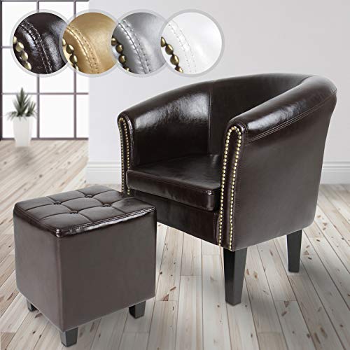 Poltrona Chesterfield con Poggiapiedi – in Similpelle, con Dettagli in Rame, Colore a Scelta – Imbottita da Salotto Vittoriana, Sedia da Vasca per Soggiorno, Lounge, Bar, Cocktail (Marrone)