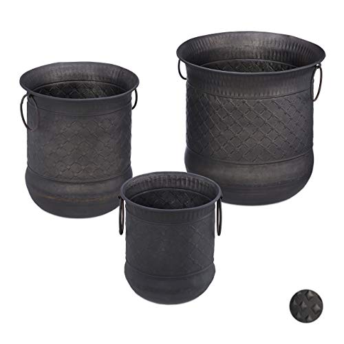 Relaxdays Set da 3 Vasi per Piante Antichi Decorativi con Manici Stile Vintage Impilabili in Ferro Antracite