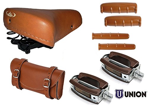 Sella MONTEGRAPPA con Molle + Borsello + Pedali UNION + Manopole + Manopolini freno Bici – Marrone