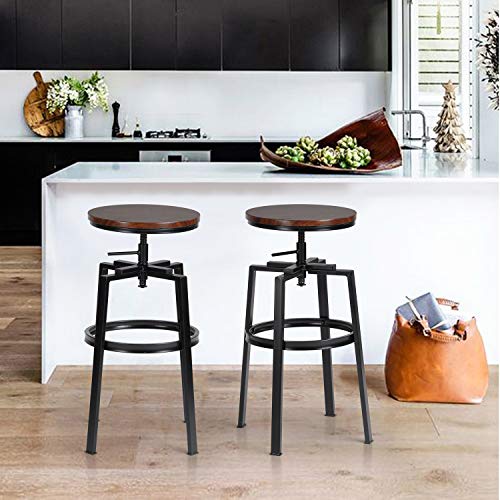 Sgabelli da Bar,Set di 2 Sgabello da Cucina Rotondi,Altezza Regolabile,Sgabello da Colazione Regolabile a 360° con Poggiapiedi & Struttura in Metallo,Stile Vintage Industriale,36 * 36 * 61-73.5cm