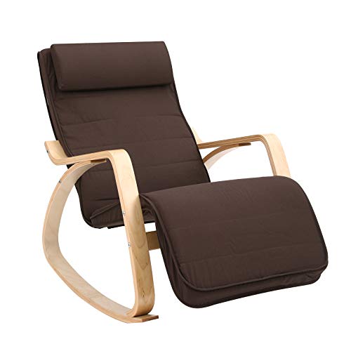 SONGMICS Sedia a Dondolo in Legno di Betulla, Poltrona a Dondolo con Poggiapiedi Regolabile, Ideale per Salotto Studio, Facile da Montare, Portata 150 Kg, Marrone LYY10ZV1