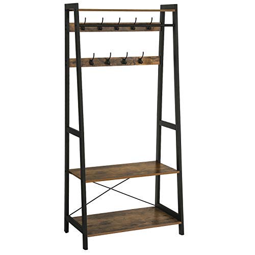 VASAGLE Armadio Vintage, Appendiabiti da Ingresso, Scaffale a 2 Ripiani, 9 Ganci Attaccapanni, Struttura in Ferro, Portascarpe, Rustico LGR13BX