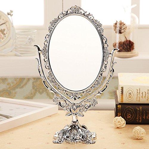Wellouis Specchio Vintage di Trucco con Decoro di Viti di Farfalla Rosa, Specchio Girevole da Ufficio per la casa, Gioielli o Una vetrina di Cosmetici Side Flowers Silver