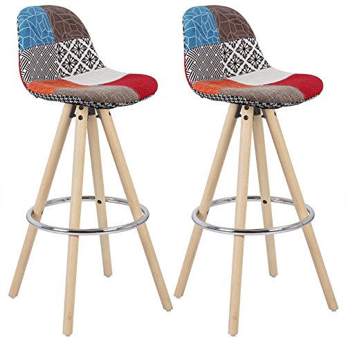 WOLTU BH45mf-2 Sgabelli da Bar Sedia Cucina con Schienale Tessuto di Lino Gambe Legno Patchwork 2 Pezzi