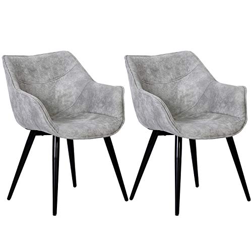WOLTU BH99hgr-2 2X Sedie per Sala da Pranzo con Braccioli Poltrona Imbottita in Ecopelle Vintage Gambe in Metallo Grigio Chiaro