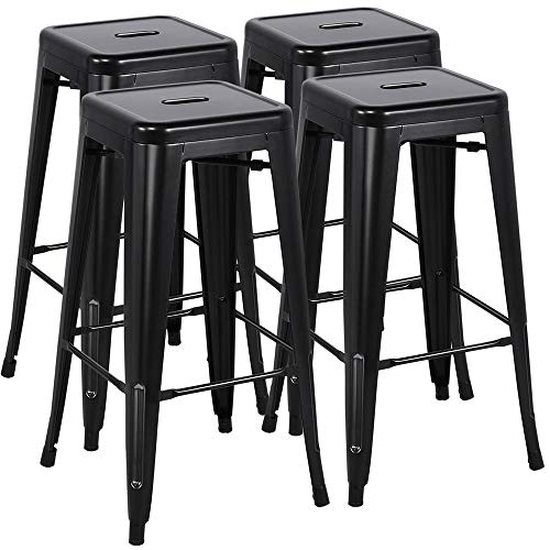 Yaheetech 4 Sgabelli Alti da Bar Vintage Cucina Moderni Industriali Impilabili Neri in Metallo Ferro con Poggiapiedi Altezza 76 cm