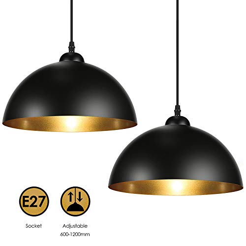 Albrillo Lampadari a Sospensione Vintage Industriale, diametro 30cm, per lampadine LED E27, Lampada Moderna da Soffitto per Salotto, Soggiorno, Ristorante, Paralume in Metallo Nero e Oro, IP20, 2PCS