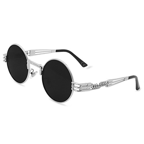 AMZTM Retrò Occhiali da Sole Rotondi Steampunk Occhiali Vintage Hippie per Uomo Donna Lente Polarizzata Cornice Rotonda in Metallo Protezione UV 400 (Argento Telaio Grigio Lente, 49)