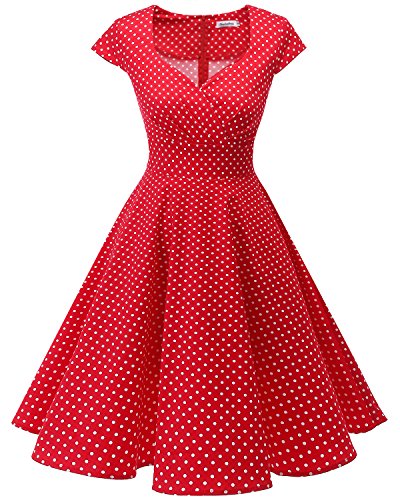 bbonlinedress Women’s Vintage 1950s cap Sleeve Rockabilly Cocktail Dress Multi-Colored Red Small White DOT S