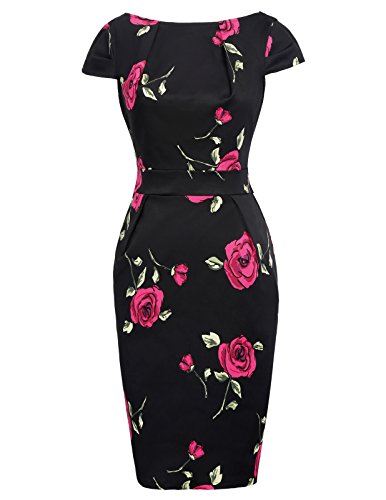 Belle Poque Donna Abito Vestito Hips-Wrapped Bodycon a Maniche Corte Stile Vintage Stampata Elegante fioreale M BP305-3