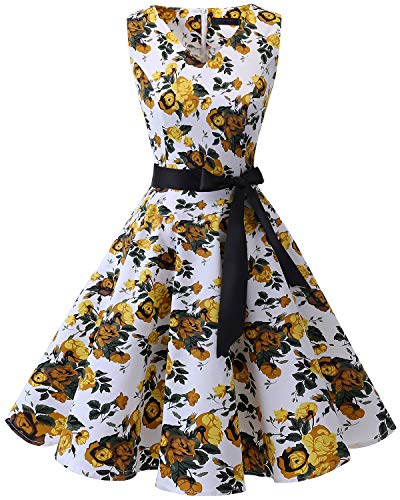 Bridesmay Donna Anni ’50 Abiti Vintage V-Neck Retro Cocktail Audrey Vestito Yellow Flower L