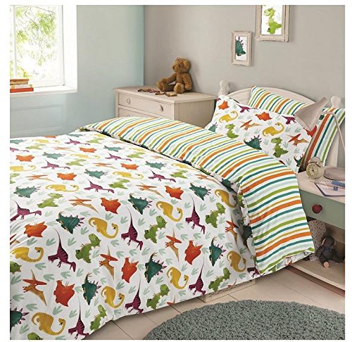 Dreamscene  Set di Copripiumino e Federa per Bambini Reversibile con Motivo a Strisce e a Dinosauri per Letto Singolo