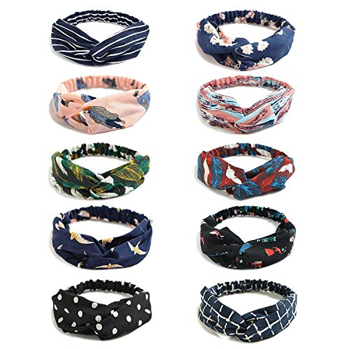 DRESHOW Boho Fasce per le donne Vintage Flower stampato Criss Cross annodato fascia elastica per capelli Elastico avvolto la testa contorta Carino Accessori per capelli 10 Pack