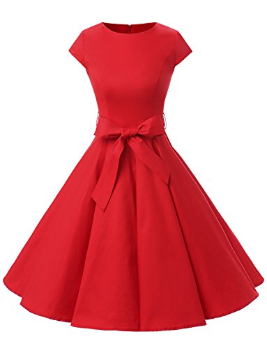 Dressystar Vestito stile Audrey Hepburn a maniche corte, vintage anni ’50 e ’60 rosso S
