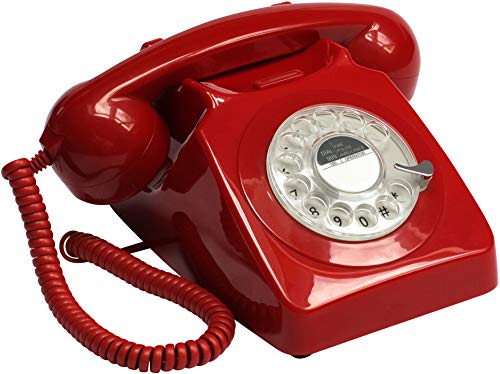 GPO 746 Rotary 1970s-style Retro Landline Phone – Curly Cord, Authentic Bell Ring – Red