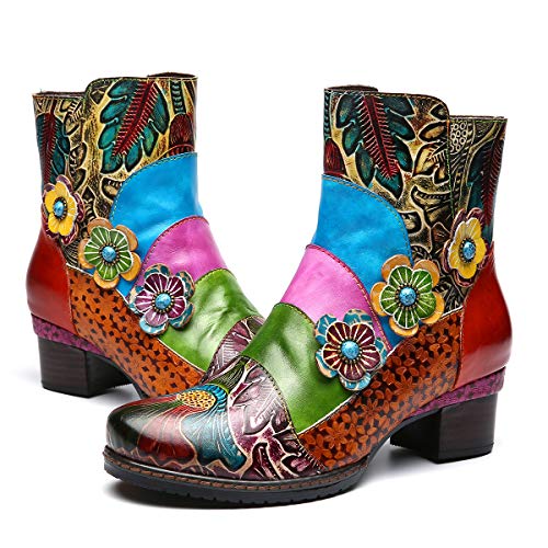 gracosy Donna Stivaletti in Pelle, Scarpe da Neve Stivali da Invernali Mocassini Colorato Vintage Boots con Cerniera Tacco Basso 2019 Calzature da Piatti Inverno Fiore Casual Caldi con Comoda Suola