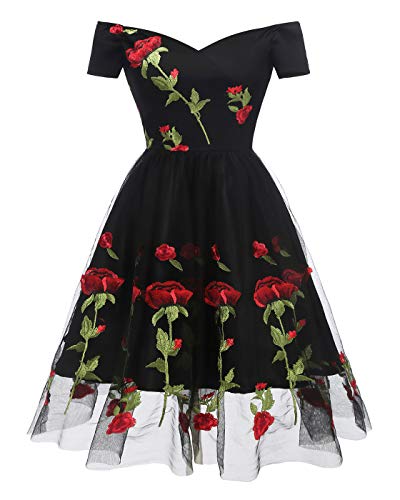 HaoHuodress Donna Spalla Vintage Ricamo Rosa 1950s Rockabilly Abito da Sera Pizzo Swing Linea ad a Vestito