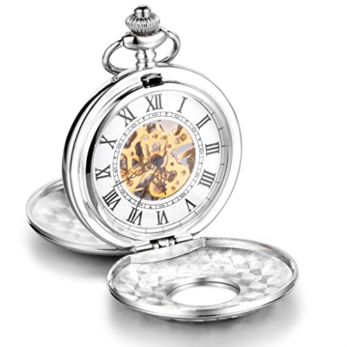 Infinite U-Coperchio alta qualità, con scheletro meccanico, numeri romani, in acciaio, grande, motivo: orologio da taschino, colore: argento, con confezione regalo, per uomo/donna