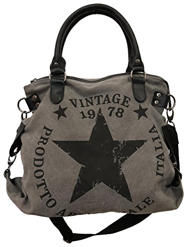 JameStyle26, Star Bag Vintage, borsa da donna in stile vintage con stella stampata sopra e manici, shopper alla moda, in tela, Grigio (Grau V2), Maße: L: 45cm H: 42cm B: 18cm