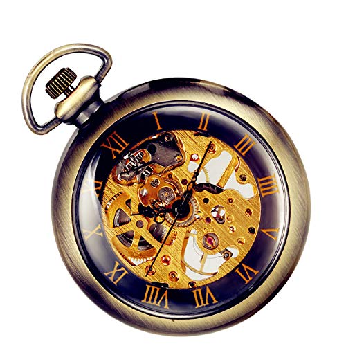 Lancardo Orologio [2 Pezzi] Meccanico da Tasca per Uomo Quadrante Numeri Romani, Manuale Trasparente Bronzo Regalo Perfetto