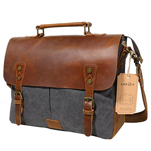 Lifewit Borsa Vintage Borsa Messenger a Tracolla Briefcase per Computer università Portadocumenti Lavoro in Vera Pelle Anticata(14 Pollici,Grigio)