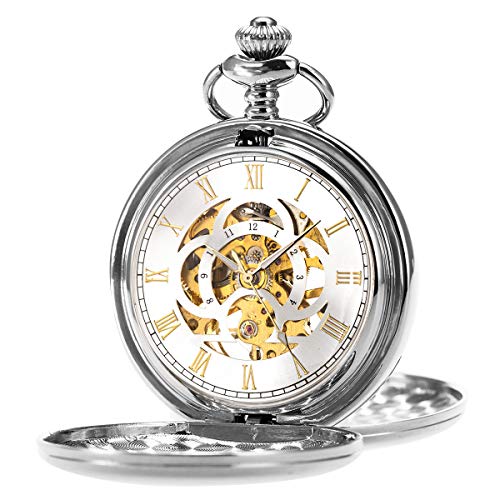 ManChDa Orologio da tasca Retro Liscio Classico orologio da taschino meccanico a carica manuale Windpunk Numeri romani Orologio da taschino per uomo Donna con catena + confezione regalo