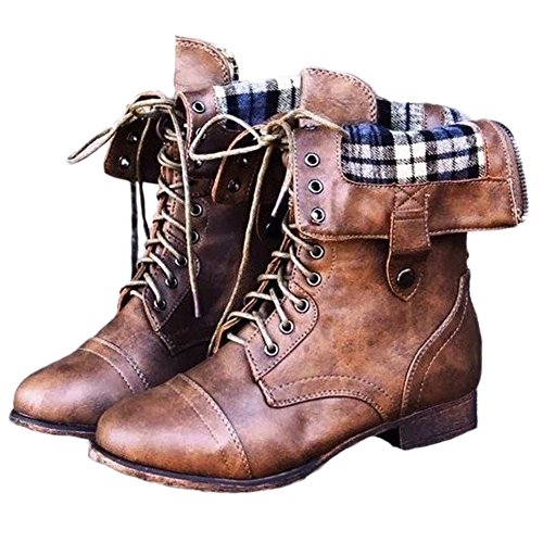 Minetom Donna Inverno Stivali Lace-Up Moda Casual Elegante Plaid Fodera Scarpe Stringate Vintage Piatto Boots Stivaletti Marrone EU 36