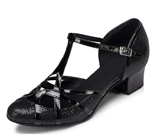MINITOO QJ6133 Donna Punta Chiusa Tacco Alto in Pelle PU Glitter Salsa Tango Ballroom Latin t-Strap Scarpe da Ballo, Nero (Black-3.5cm Heel), 39