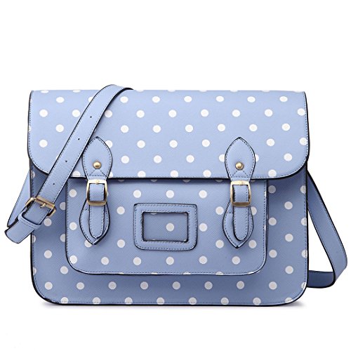 Miss Lulu, cartella vintage con design a pois in ecopelle, per lavoro o per la scuola, borsa Satchel, (1665 Dots Blue), Taglia unica