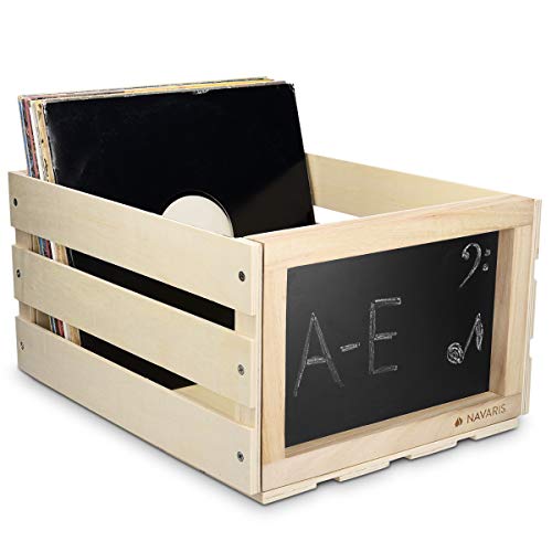 Navaris Cassetta dischi vinile in legno – Cassa porta vinili 66 dischi LP – Record box 43x34x23cm da montare – Cassettina con lavagna – beige