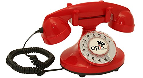 OPIS FunkyFon cable: Telefono con disco combinatore rotante dalla linea sinuosa degli anni ’20 con moderno campanello elettronico (rosso)