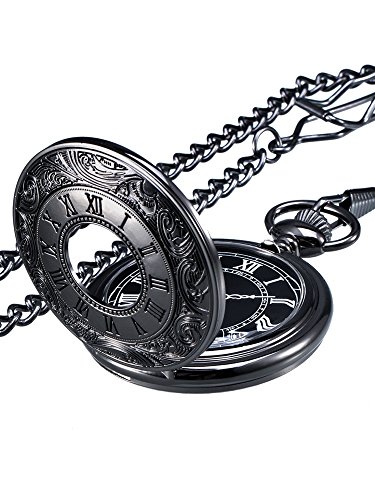 Orologio da Tasca Vintage Romano Numerale Scala al Quarzo con Catena (Nero)
