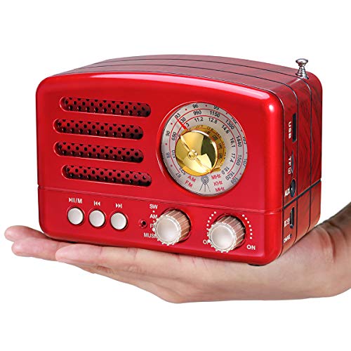 PRUNUS Radio a transistor ricaricabile Bluetooth in stile Classico Retro come il legno FM/AM(MW)/SW/SD/TF/USB/MP3/AUX con Altoparlanti, Finestra di sintonizzazione circolare di 270°