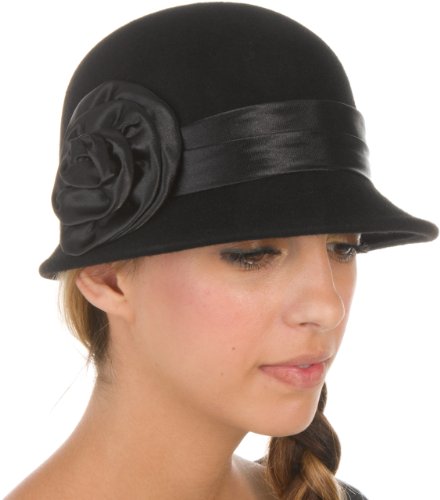 Sakkas EH2941LC Womens Vintage Style 100% Lana Cloche Benna Berretto Invernale con Accento di Fiori di Raso – Nero/Taglia Unica