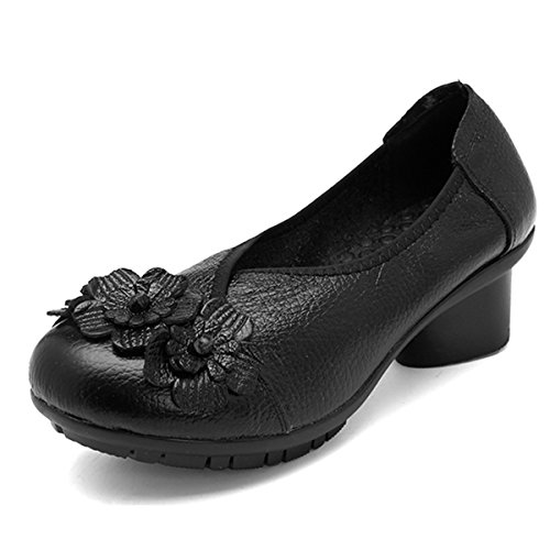 Socofy – Scarpe da Donna in Pelle con Tacco a Fiore, Effetto Pelle, Stile Vintage, Nero (Nero 2), 36 EU