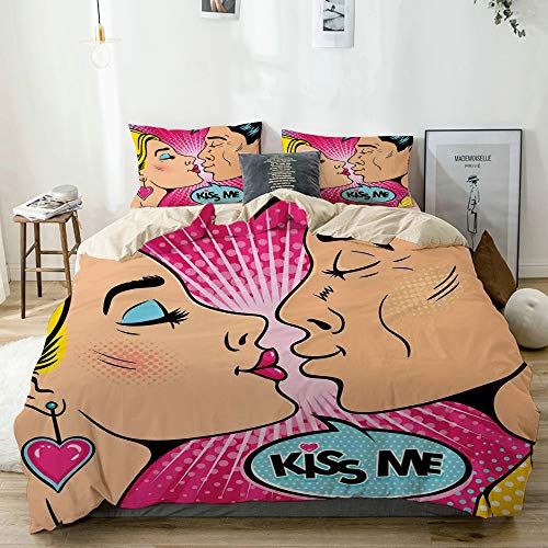 SUHETI Color Crema Set Biancheria da LettoGiovani Coppie Che baciano Pop Art Style Vintage Drawing con Il semitono Cerchi Sfondo1 Copripiumino 220x240cm2 federe 50x80cm