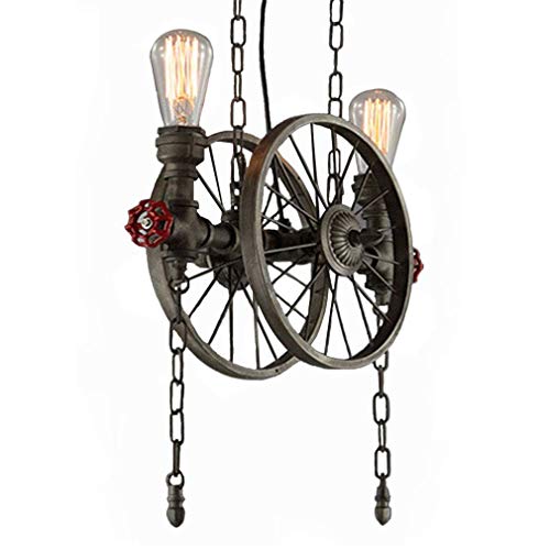 Vintage Luce Pendente Ferro Ruota Illuminazione a Sospensione Lampada Industriale Retro 2*E27 Presa per Lampada Bar Ristorante Soggiorno Altezza Regolabile Illuminazione a Soffitto L46cm*H53cm Max.60W