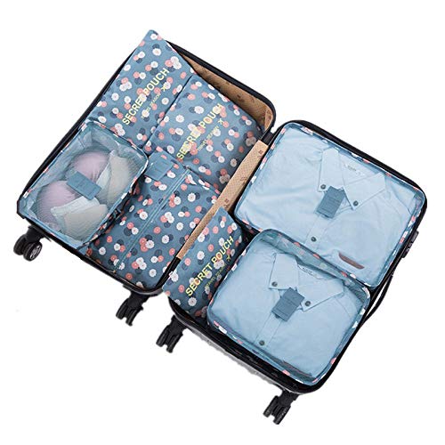 7 Set Sistema di Cubo di Viaggio  3 Cubi di Imballaggio  3 Sacchetti Borsa 1 Borsa portascarpe  Perfetto di Viaggio Dei Bagagli Organizzatore 2Blue Flower