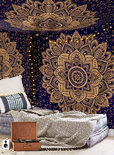 Aakriti Gallery Tapestry Regina Verde Ombre Hippie Arazzo Mandala Bohemian Psichedelico intricato Indiano copriletto 233,7 x 208,3 cm (Blue Golden)